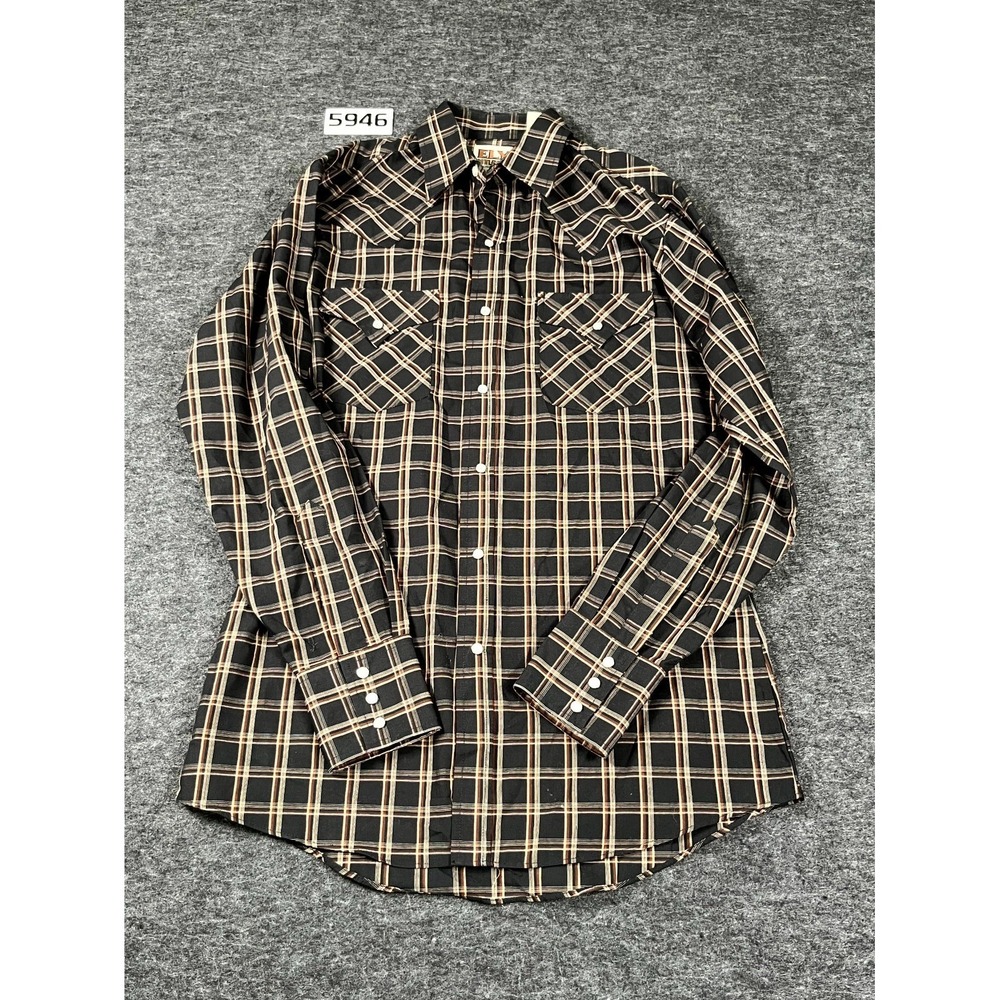 Ely Cattleman Western Shirt Men Small Black Brown Plaid‎ Long Sleeve Pearl Snap
